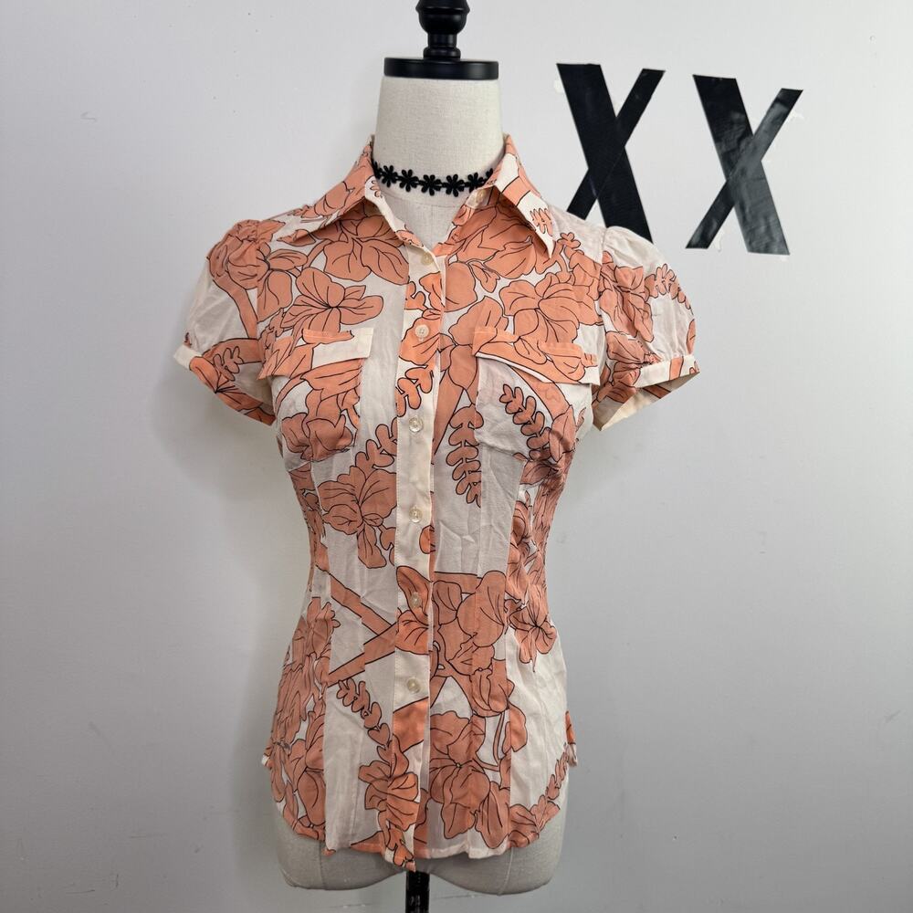 Bebe Y2K Silk Tropical Floral Puff Sleeve Blouse Fitted Button Up Top XS